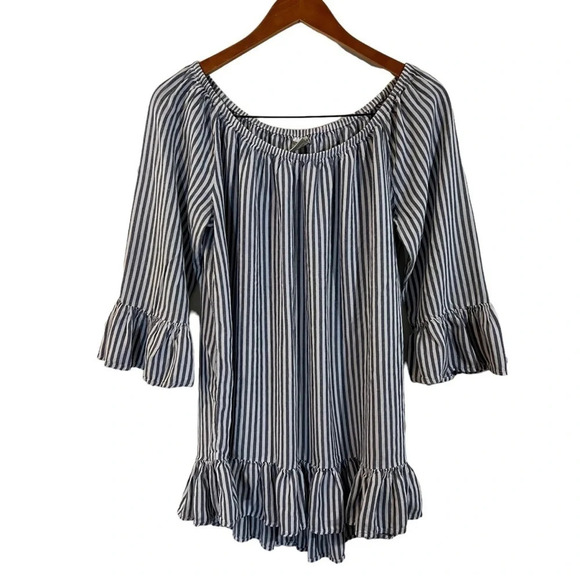 Terra & Sky Striped Blouse Size 0X Elastic Neckline 3/4 Bell Sleeves Lightweight - Picture 1 of 9